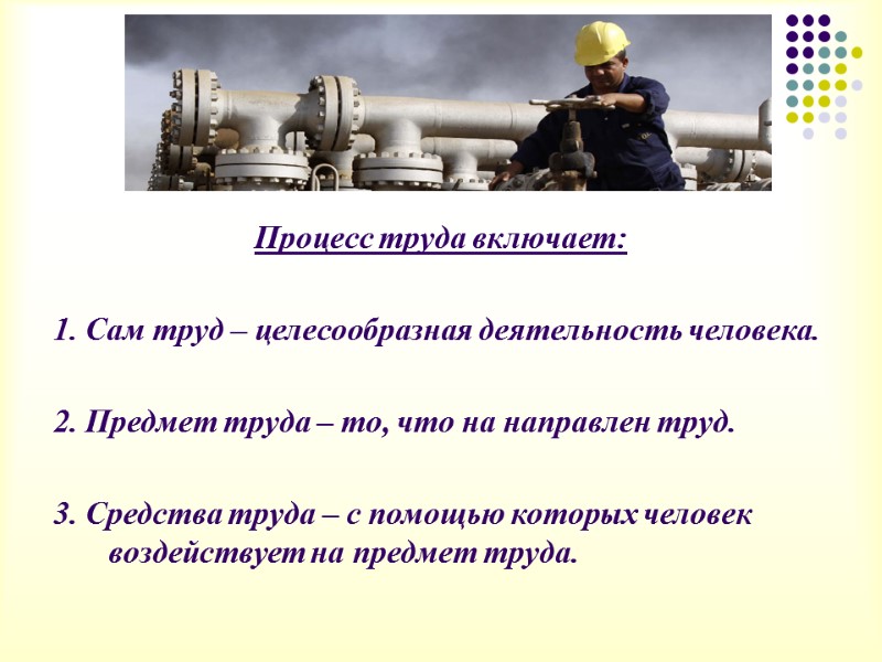 Процесс труда включает:   1. Сам труд – целесообразная деятельность человека.  2.